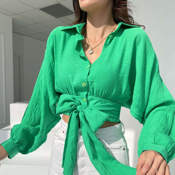 Tied Front Long Sleeve Cropped Loose Shirt- Green