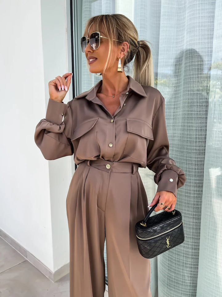 Long Sleeved Faux Pocket with Elegant Loose Trousers-Coffee