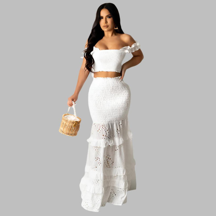 Off-the-Shoulder Crop Top with Fishtail Maxi Skirt