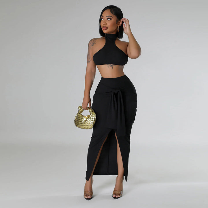 Sleeveless Stand Collar Crop Top with Tie Skirt- Black