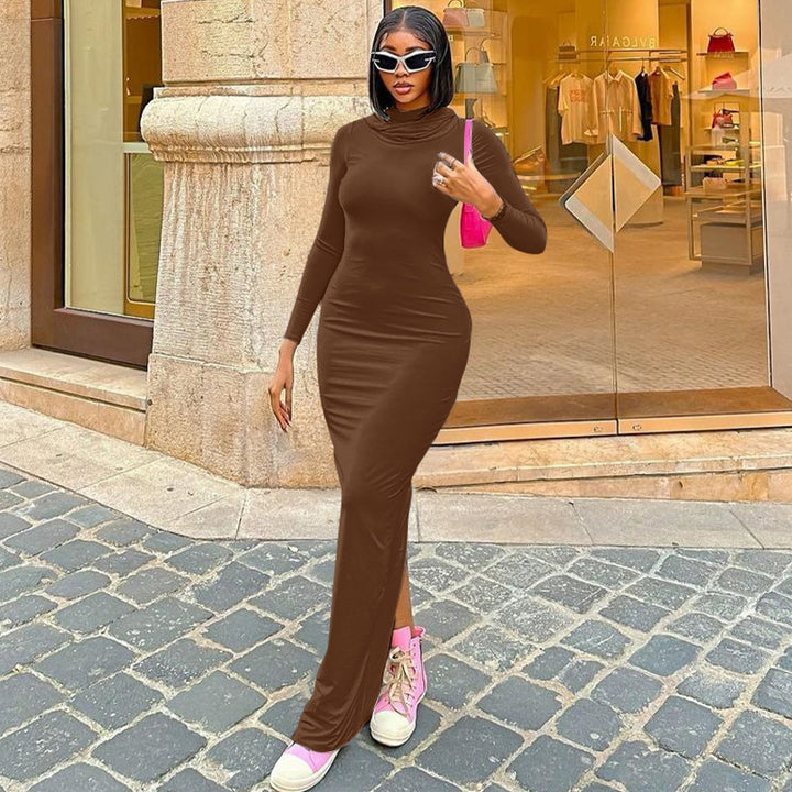 Hooded Long Sleeve Bodycon Dress- Coffee