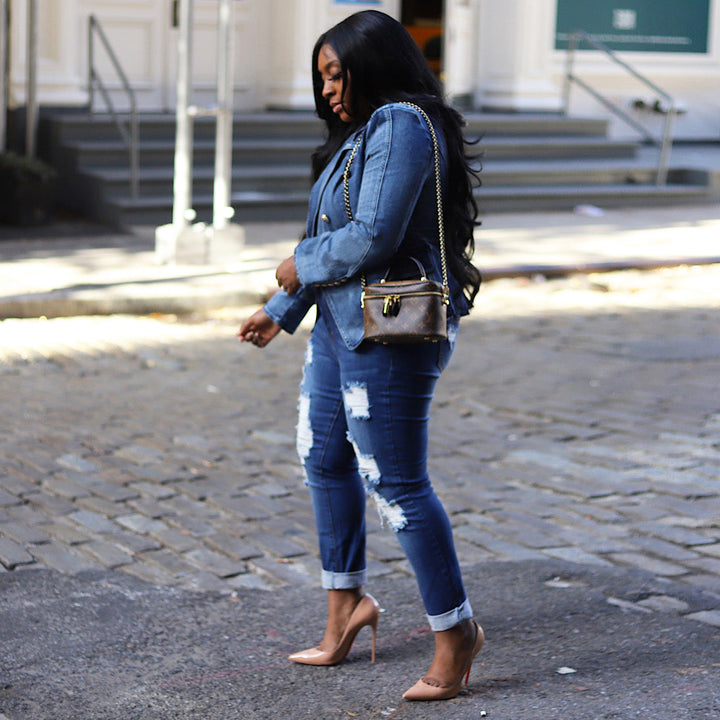 Double Breasted Denim Blazer- Dark Blue