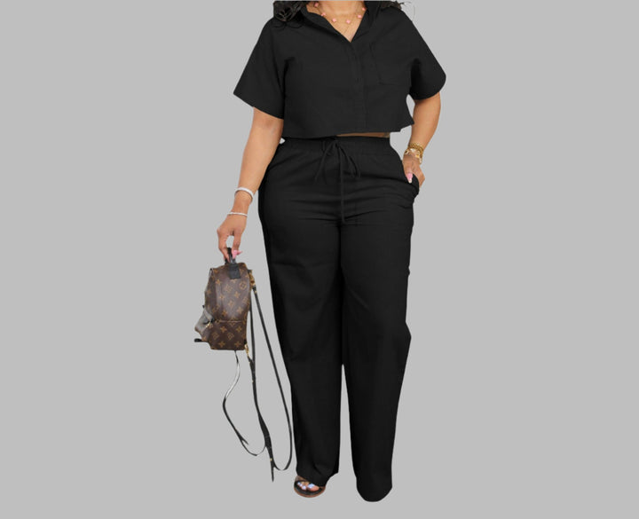 Short Sleeved Top with Sports Pants- Black