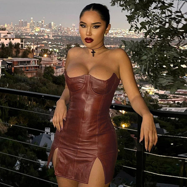 Faux Leather Double Split Tube Dress