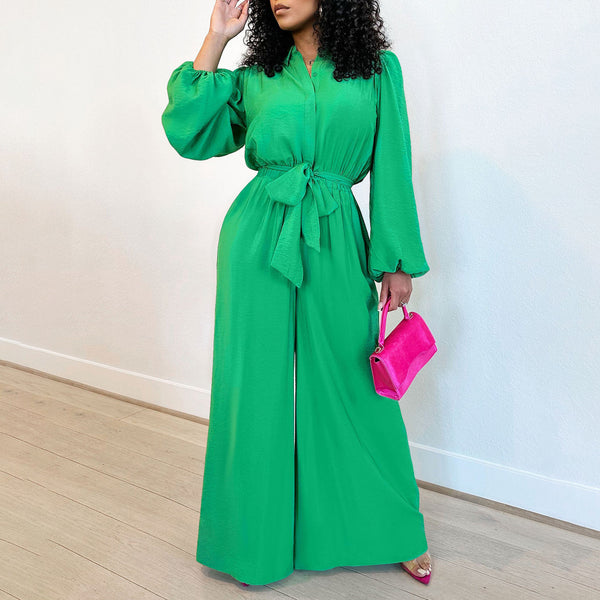 Long Sleeve Solid Color High Waist Jumpsuit