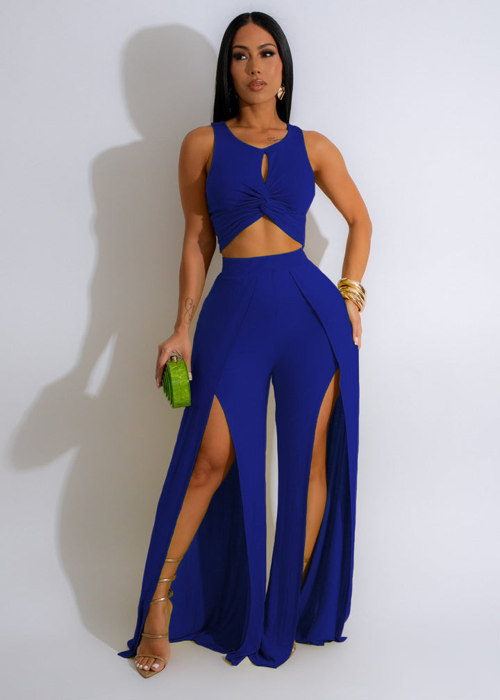 Sleeveless Crop Top with Split Wide Leg Pants- Blue