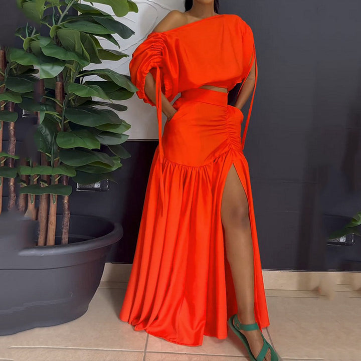 Off Shoulder Drawstring Top & Skirt Two Piece Set- Orange