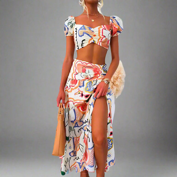 Printed Wrapped Chest Top and Skirt Set