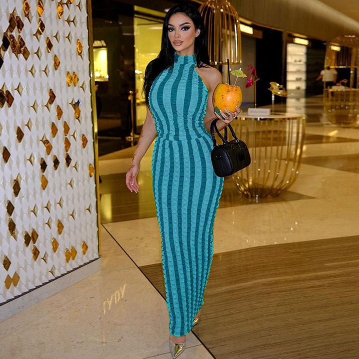 Striped Sleeveless High Neck Bodycon Maxi Dress- Blue