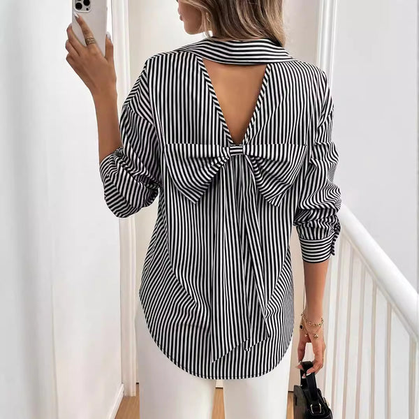 Striped Printed Back Bow Long Sleeve Shirt