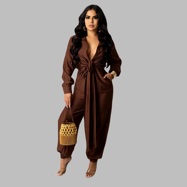 Solid Color Tied Long Sleeve Jumpsuit