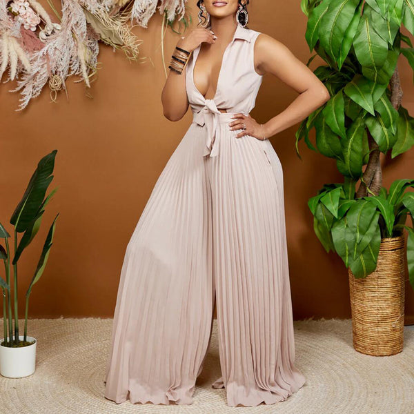 V Neck Sleeveless Collared Pleated Wide Leg Jumpsuit