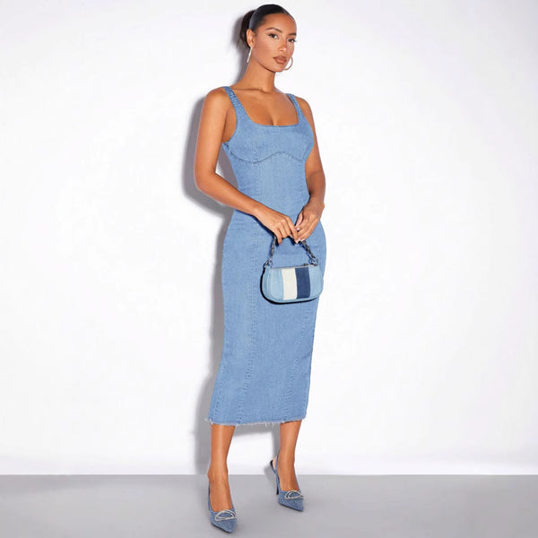 Blue Denim Stretch Sleeveless Midi Dress