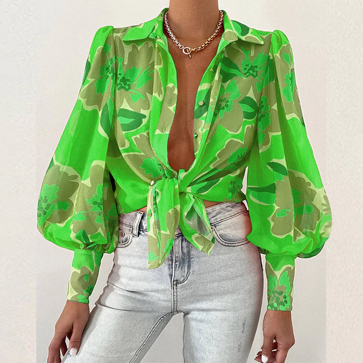 Bubble Sleeve Collared Printed Shirt- Green