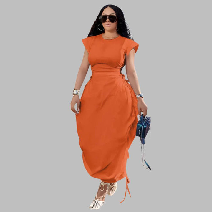 Round Neck Waist Trimming Dress- Orange