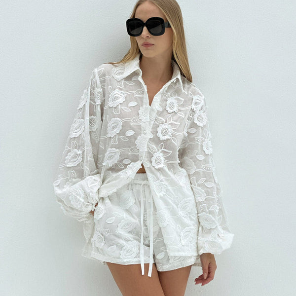 Embroidered See Through Shirt High Waist Shorts Set