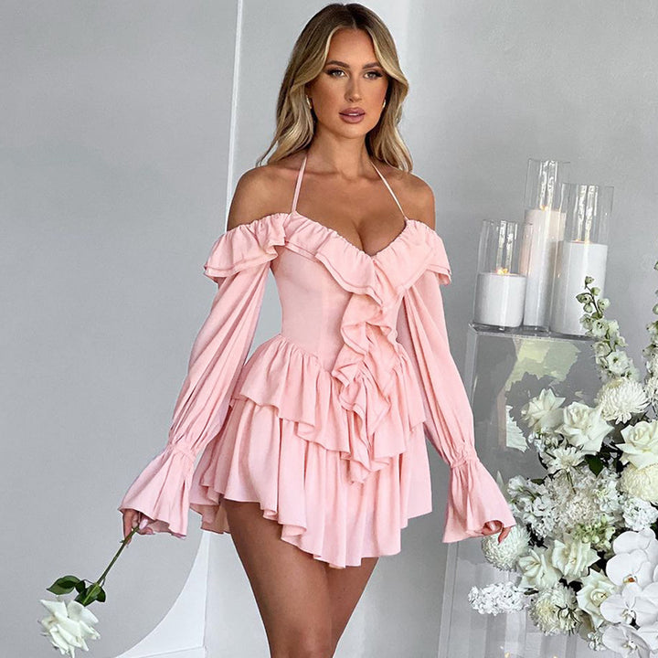 Ruffled Long Sleeve Romper- Pink