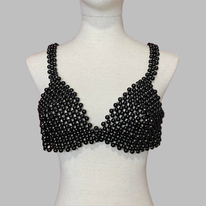 Pearl Beaded Crop Top- Black