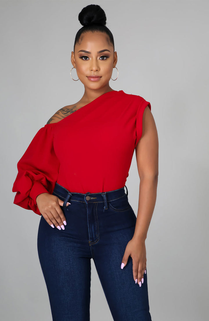 Lantern Sleeve One Shoulder Asymmetrical Blouse- Red