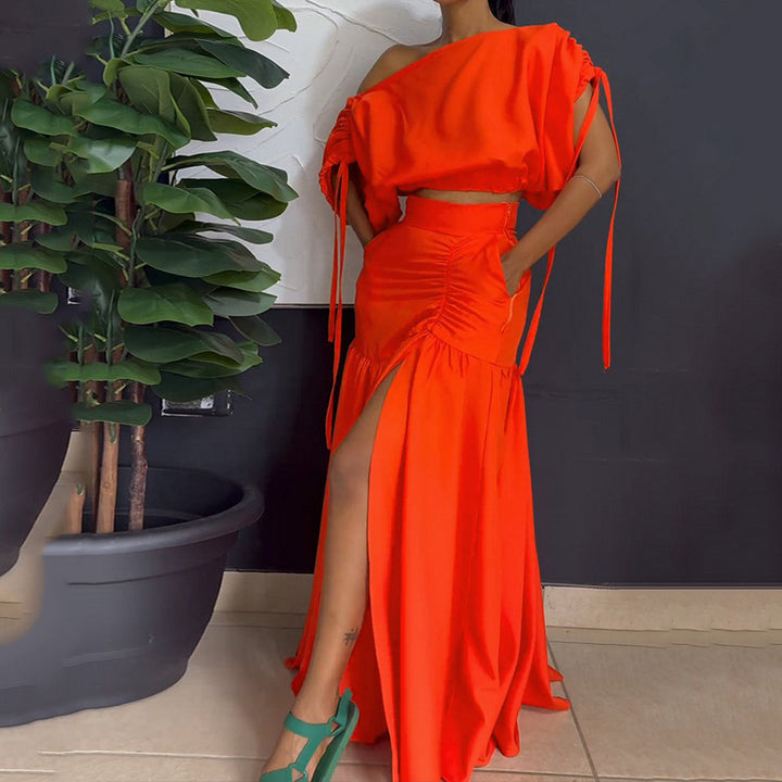 Off Shoulder Drawstring Top & Skirt Two Piece Set- Orange