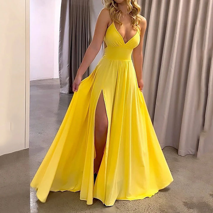 V Neck Lace Up Slit Maxi Dress- Yellow