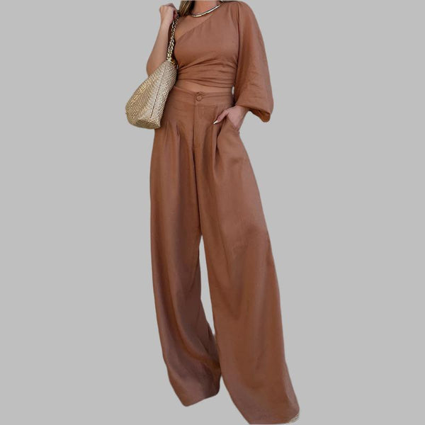 Diagonal Collar Top with Trousers- Brown