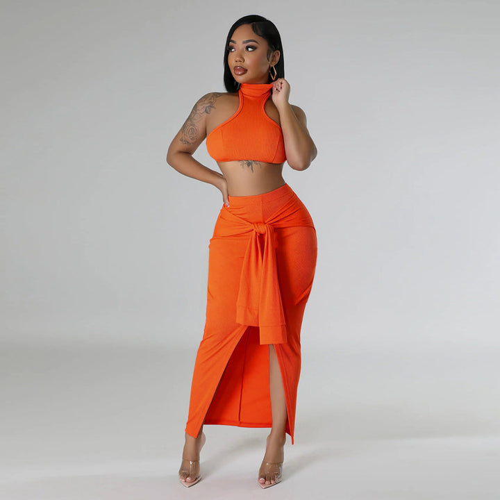 Sleeveless Stand Collar Crop Top with Tie Skirt- Orange