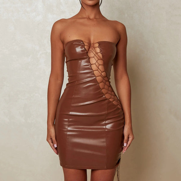 Tube Top Lace up Dress- Brown