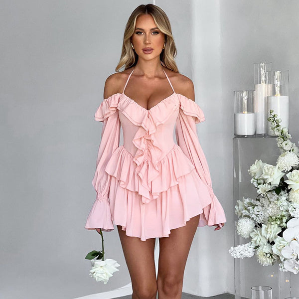 Ruffled Long Sleeve Romper- Pink