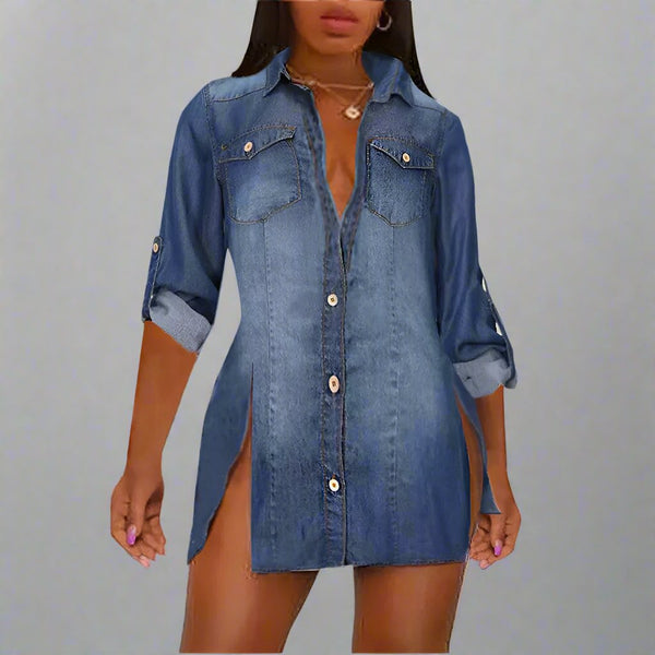 Roll Sleeve Split Hem Denim Shirt