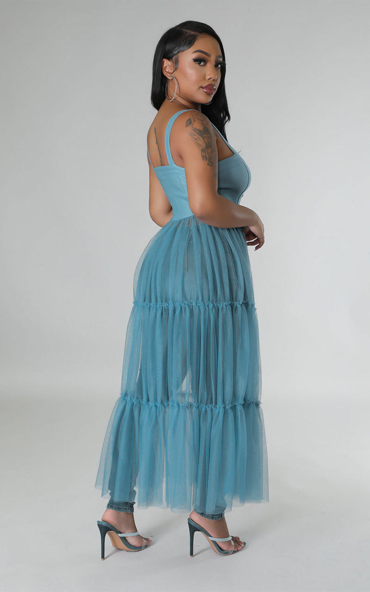 Half Tulle Suspender Dress- Blue