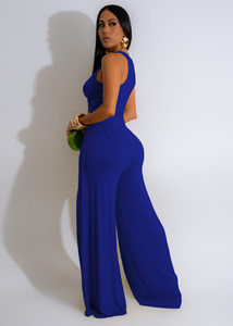 Sleeveless Crop Top with Split Wide Leg Pants- Blue