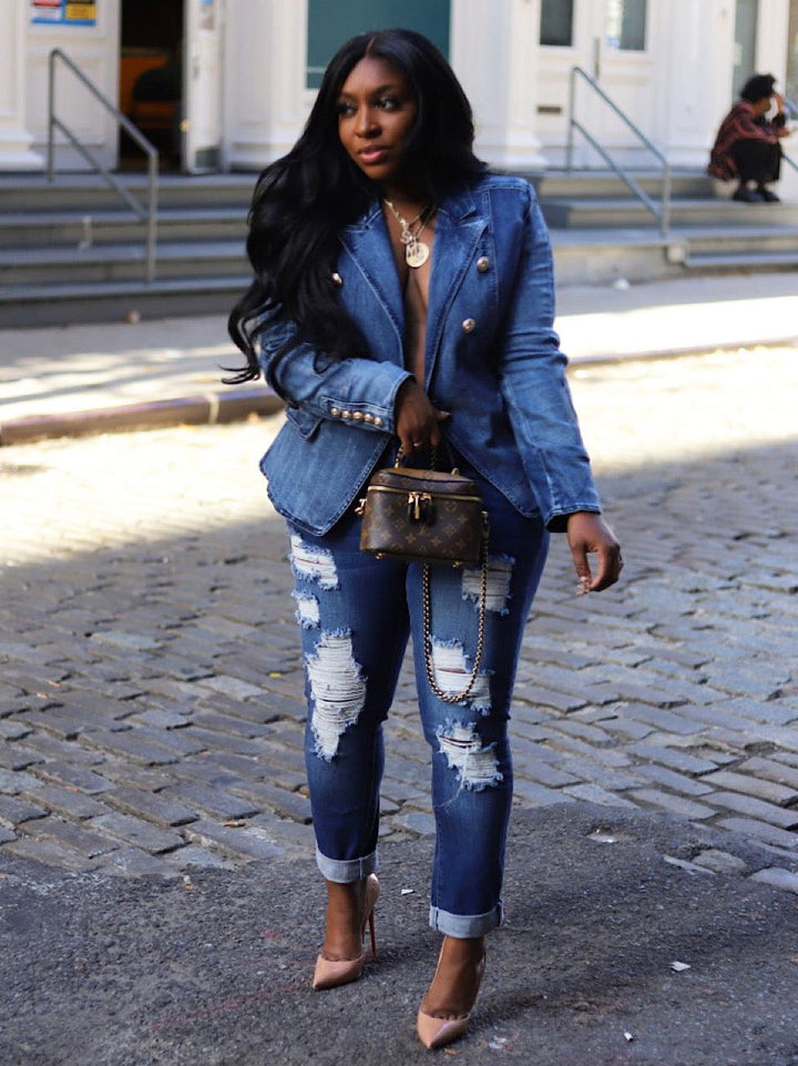 Double Breasted Denim Blazer- Light Blue