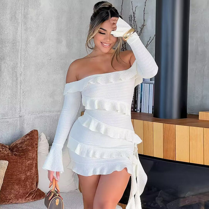 Off Shoulder Ruffled Bell Sleeve Dress- White