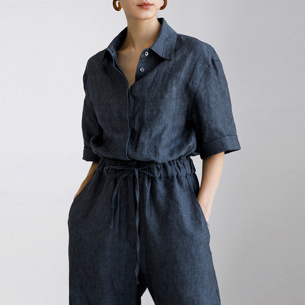 Linen Short Sleeve Collared Jumpsuit