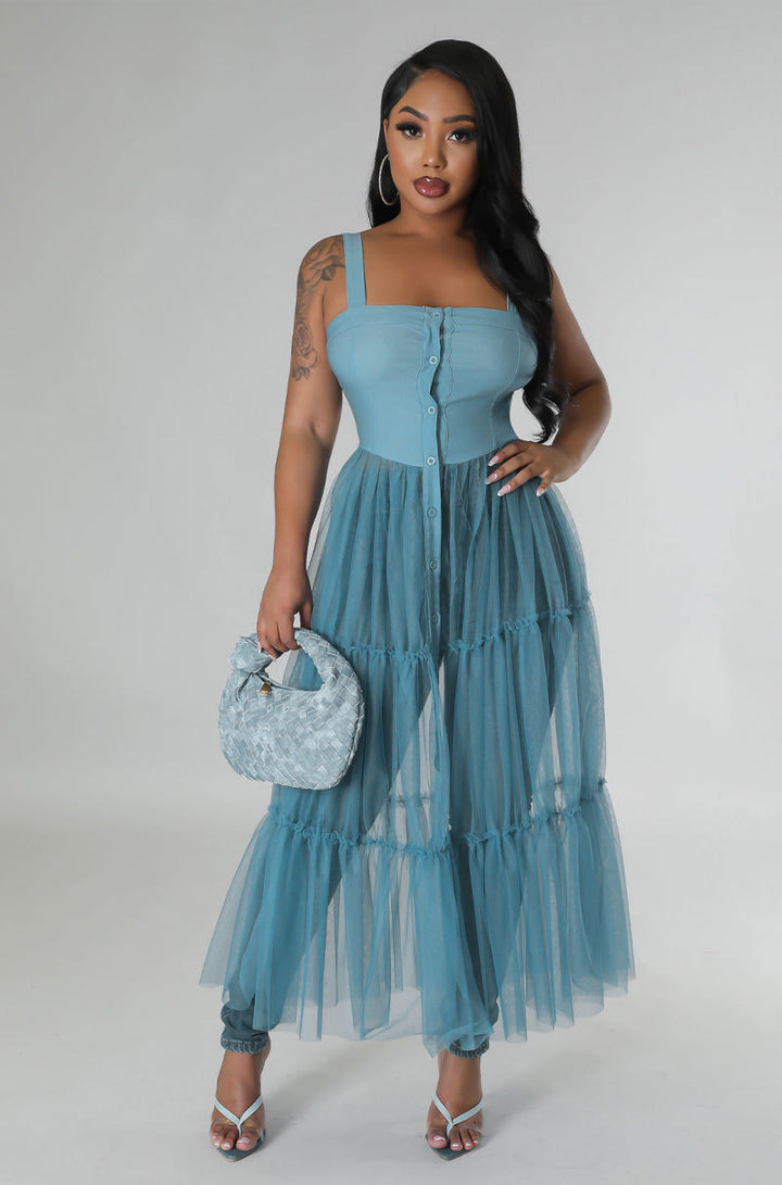 Half Tulle Suspender Dress- Blue