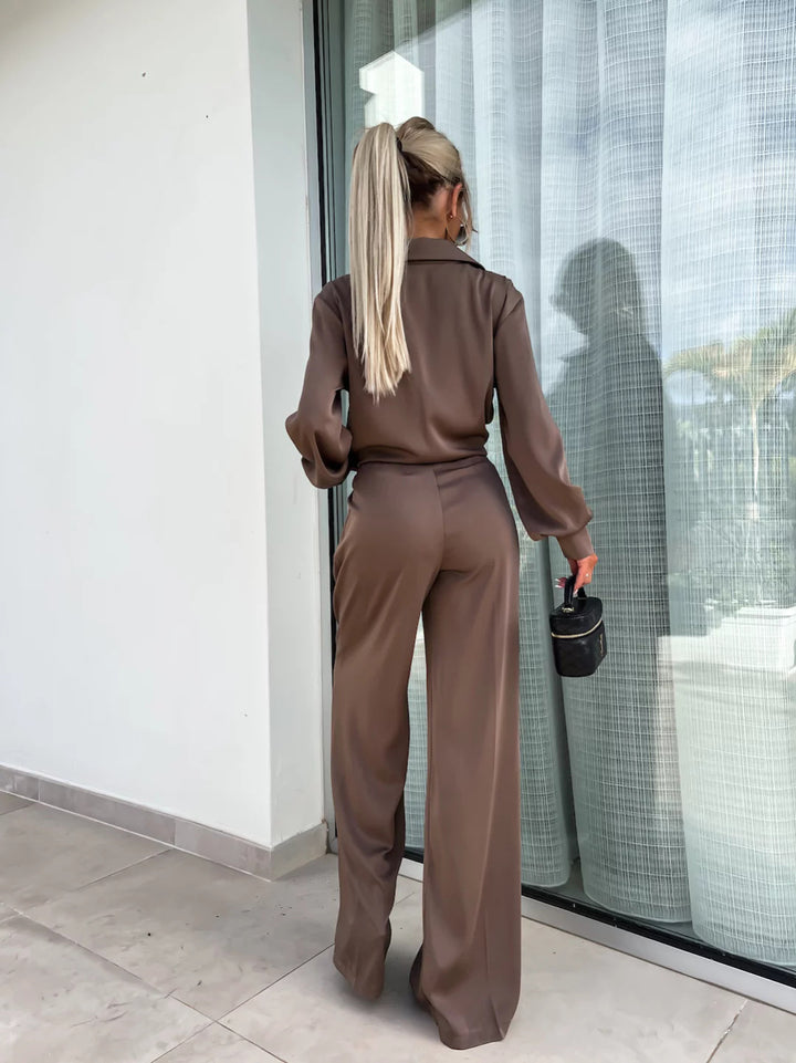 Long Sleeved Faux Pocket with Elegant Loose Trousers- Coffee Back