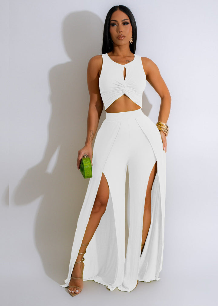 Sleeveless Crop Top with Split Wide Leg Pants- White