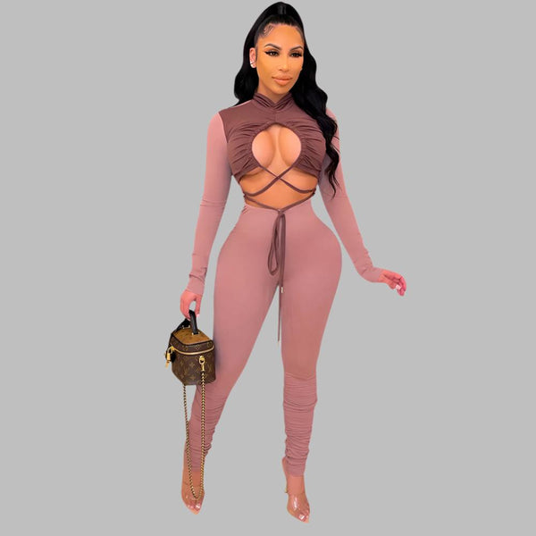 Cutout Lace up Long Sleeve Jumpsuit