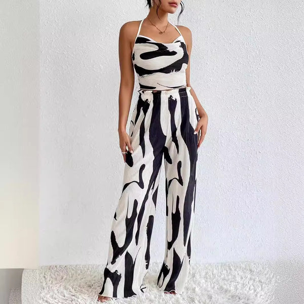 Printed Halter Wide Leg Trousers Sets