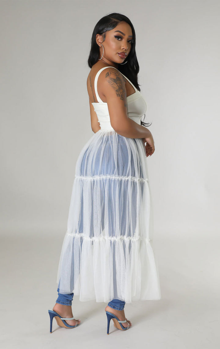 Half Tulle Suspender Dress- White