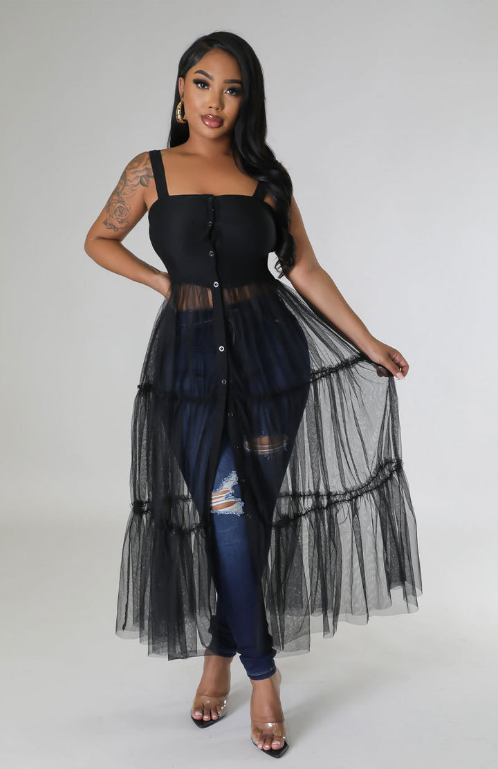 Half Tulle Suspender Dress- Black