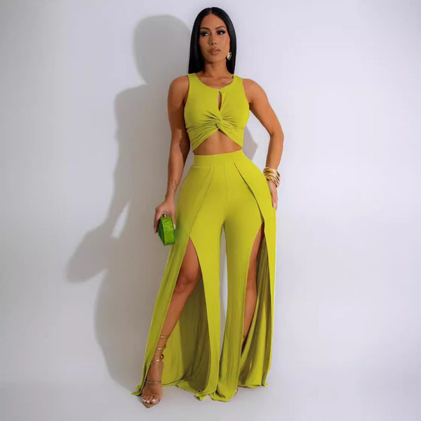 Sleeveless Crop Top with Split Wide Leg Pants- Bright Green