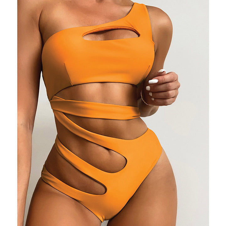 One Shoulder Cutout One Piece Swimsuit - Orange