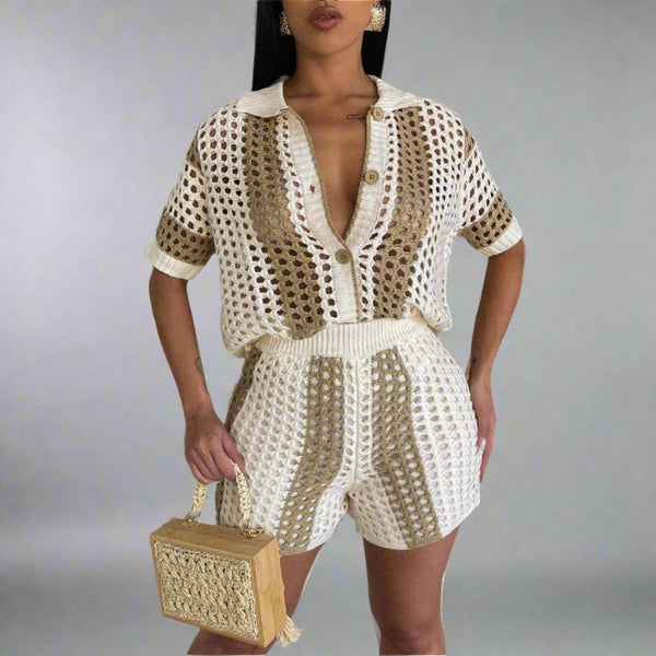 Cutout Out See Through Knitted Shorts Suit