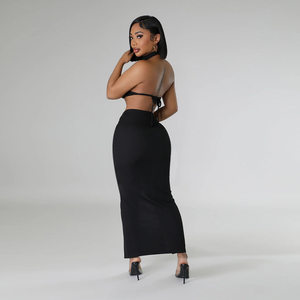 Sleeveless Stand Collar Crop Top with Tie Skirt- Black