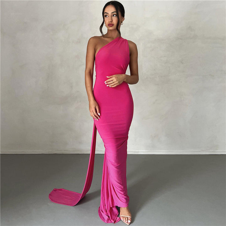 Backless Halter Evening Dress- Coral Red