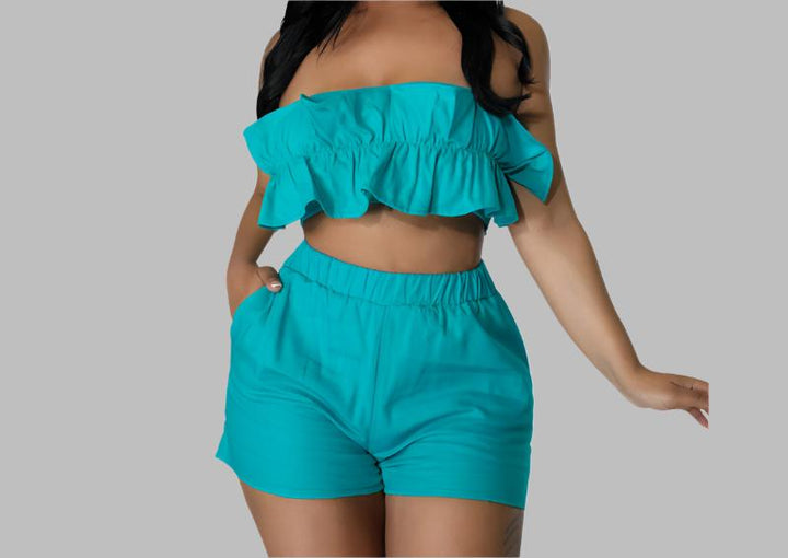 Ruffled Tube Top Shorts Set- Green