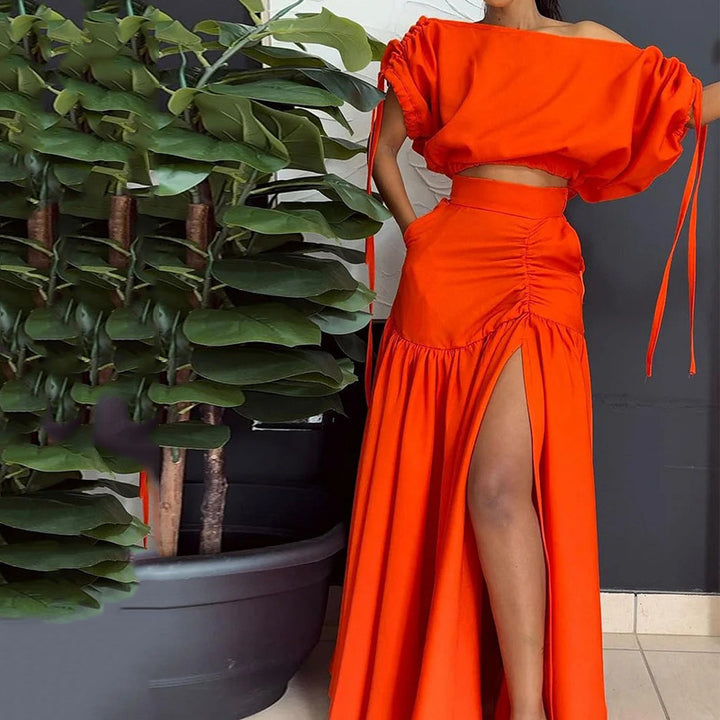 Off Shoulder Drawstring Top & Skirt Two Piece Set- Orange