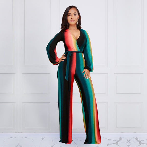 V-neck Colorful Striped Jumpsuit